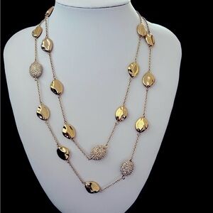 Chico’s Long Necklace Gold Tone Nugget Rhinestone Disc 46”